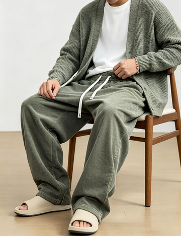 Men's Corduroy Wide Leg Jogger Pants, Elastic Drawstring Waist Retro Loose Casual Street Trousers for Fall Winter in Green