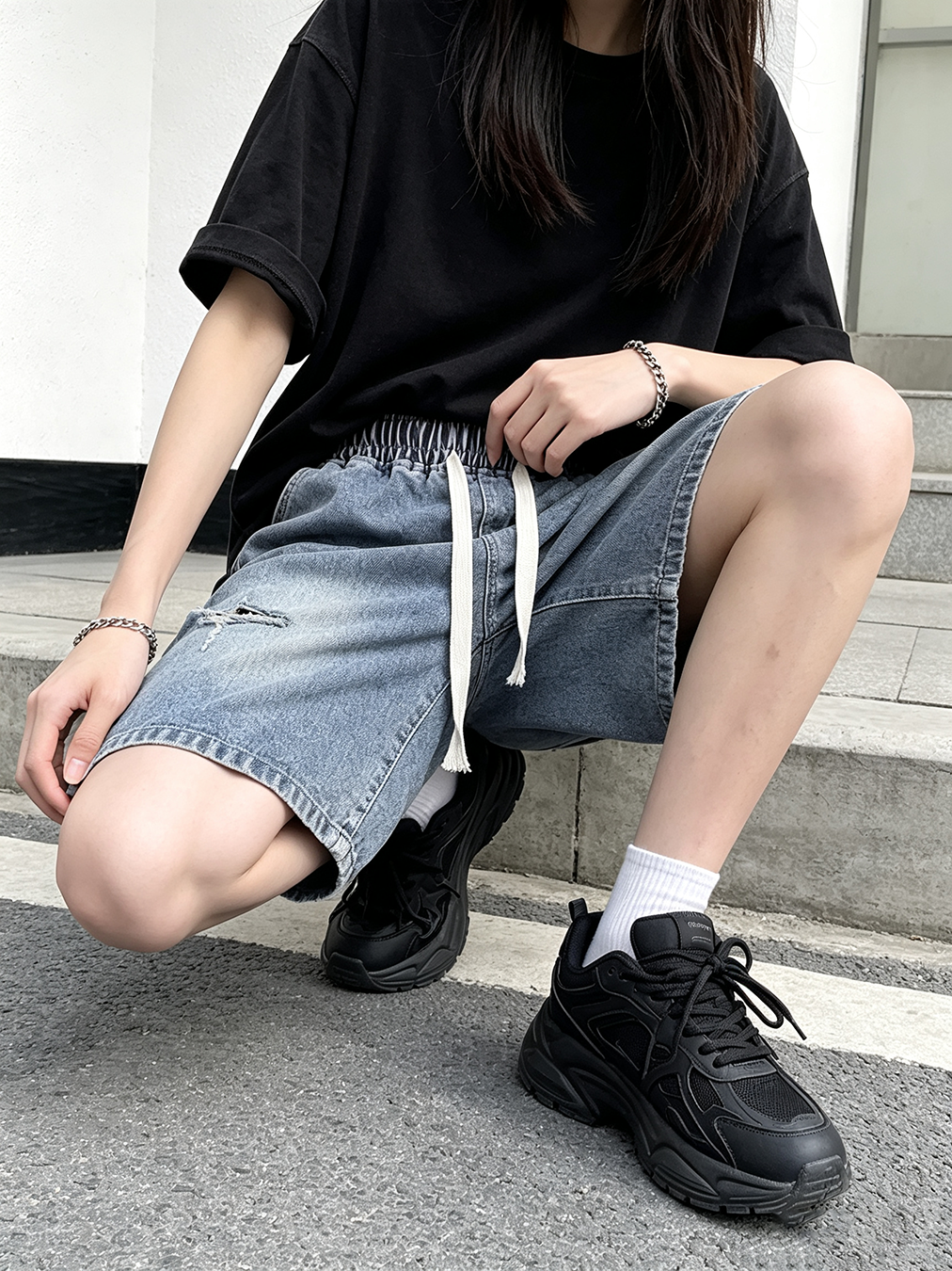 Unisex Distressed Denim Bermuda Shorts, Elastic Drawstring Waist Loose Straight Leg Streetwear Jean Shorts in Robin Blue