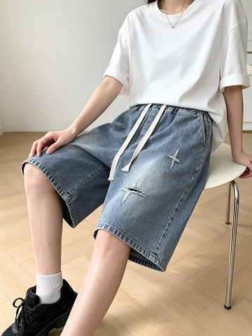 Unisex Distressed Denim Bermuda Shorts, Elastic Drawstring Waist Loose Straight Leg Streetwear Jean Shorts in Robin Blue