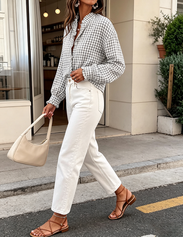 Women's Gingham Plaid Button Down Shirt, Ruffle Trim V Neck Puff Long Sleeve Loose Casual Work Blouse in Grey
