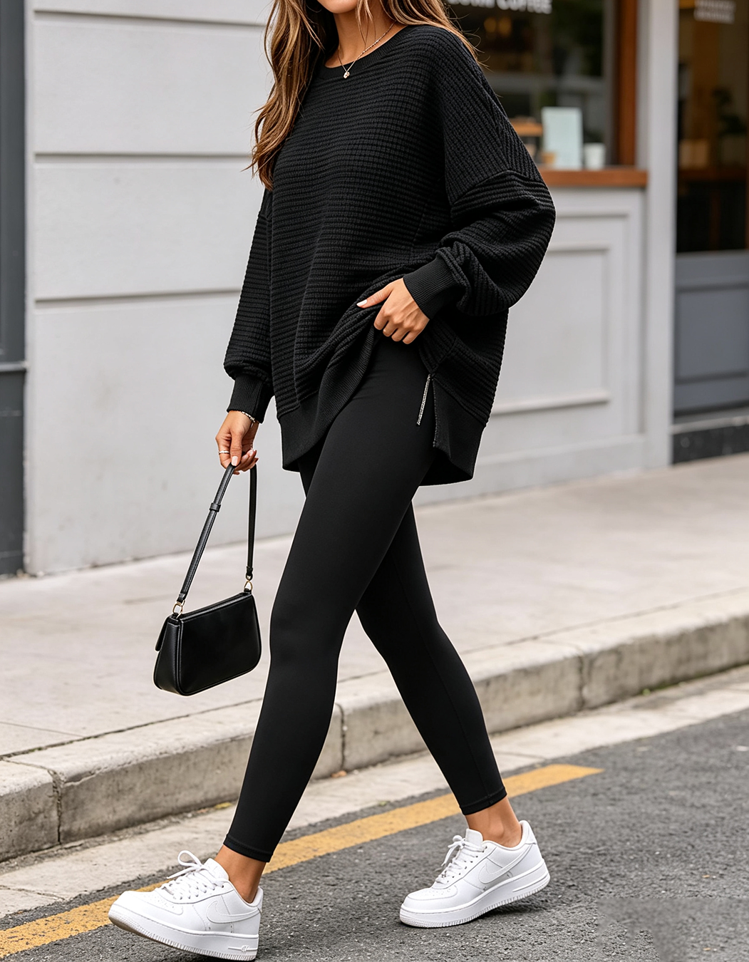 Women's Oversized Waffle Knit Long Sleeve Sweatshirt, Crew Neck Side Zip Slit Loose Casual Fall Pullover Top