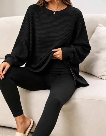 Women's Oversized Waffle Knit Long Sleeve Sweatshirt, Crew Neck Side Zip Slit Loose Casual Fall Pullover Top