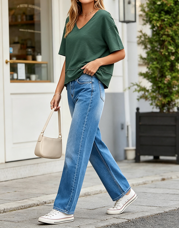 Women's V Neck Loose Short Sleeve T-Shirt, Casual Flowy Basic Summer Top in Dark Green