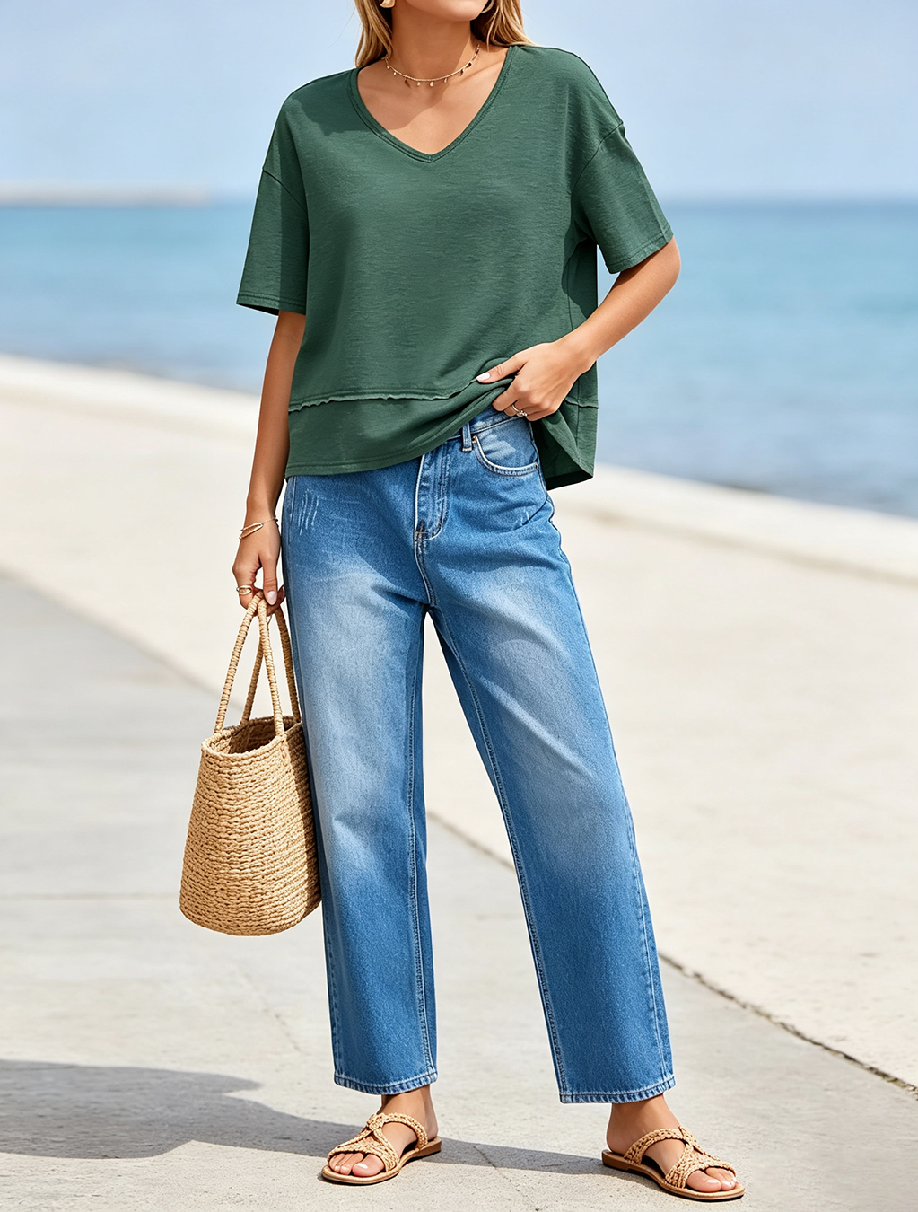 Women's V Neck Loose Short Sleeve T-Shirt, Casual Flowy Basic Summer Top in Dark Green
